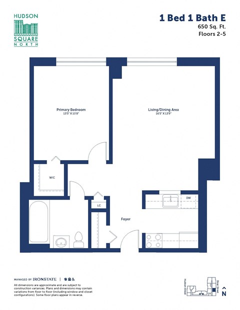 Floor plan for 1 bed, 1 bath, 650 sqft